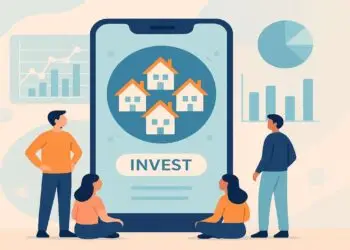 a group of people looking at a large cellphone